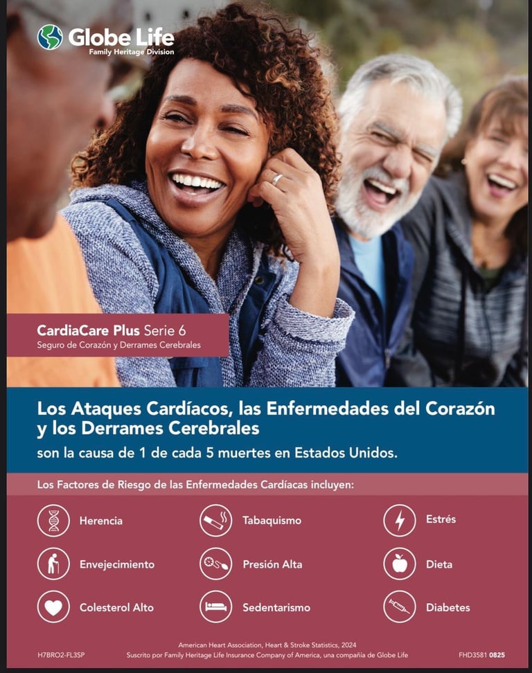 Happy family laughing together outdoors with Globe Life CardCare Plus insurance information about heart disease and stroke risk factors