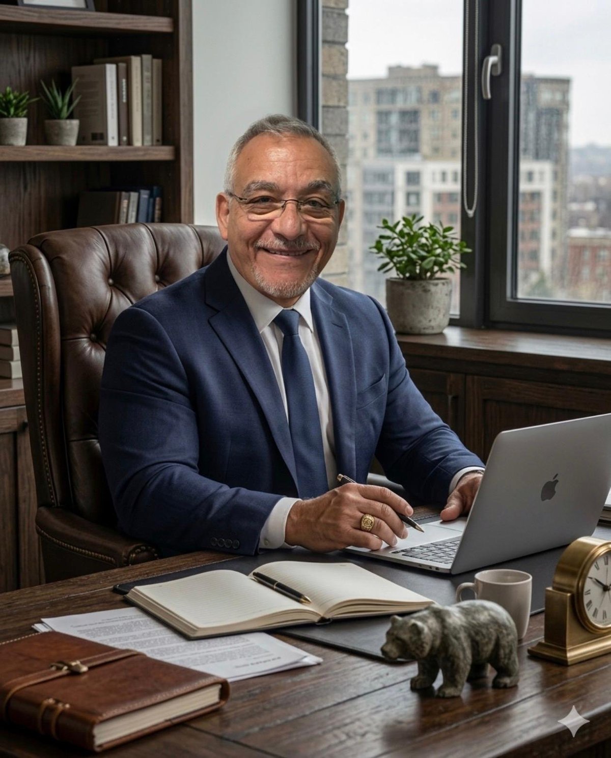 Mature businessman in navy suit working at laptop in modern office with city view, desk items, and bookshelves
